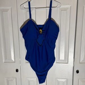 SHEIN Royal Blue Swimsuit with Gold Detail with Sheer Cover-up Skirt